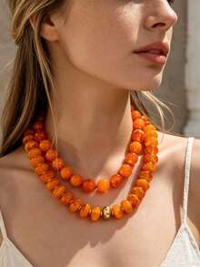 OABE 2pcs/Set Bohemian Style Orange Beaded Necklace Set With Round And Oval Beads Suitable For Women's Daily Wear - Orange - View 8