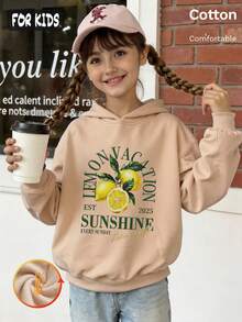 Autumn Girls Hoodie With Lemon Vacation Print, Long Sleeve Pullover With Kangaroo Pocket, White Green Yellow - Apricot - View 3