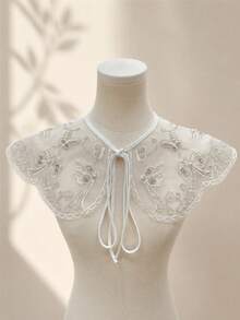 1pc White Semi-Transparent Tulle Butterfly Bead Embroidery Shawl Collar, Wavy Edge Tie Front Detachable Shawl Collar, Dress Decorative Shoulder Wrap - Multicolor - View 4