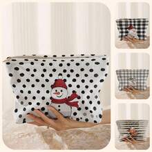 1pc Polka Dot Snowman Print Corduroy Makeup Bag, Zipper Closure, Christmas‑Themed Toiletry Organizer Bag For Daily Use, Travel And Holiday Gifting - Multicolor - View 2