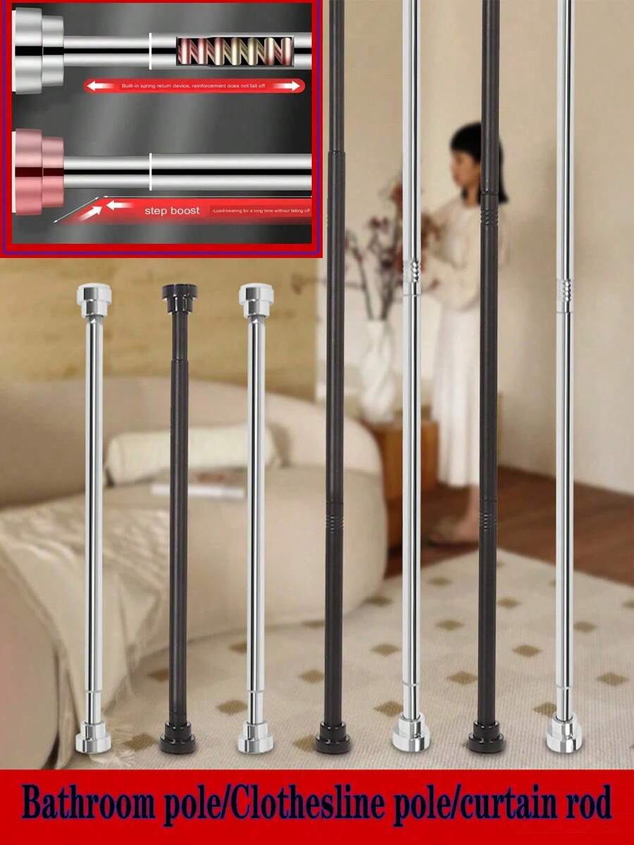 1PC Extra Long No-Drill Installation Stainless Steel Telescopic Shower Curtain Rod, 2.5CM Diameter, Multiple Lengths, Color Options: Silver, Black, White, Grey, Shower Curtain Rod, Curtain Rod, Wardrobe Hanging Rod, Telescopic Rod, Drying Rod, Hanging Rod, Support Rack, Kitchen Utensil Storage Rod, Tension Rod, Spatula Hanging Rod, Spoon Hanging Rod, Cutting Board Hanging Rod, Kitchen Towel Hanging Rod, Whisk Hanging Rod - Multicolor - View 1