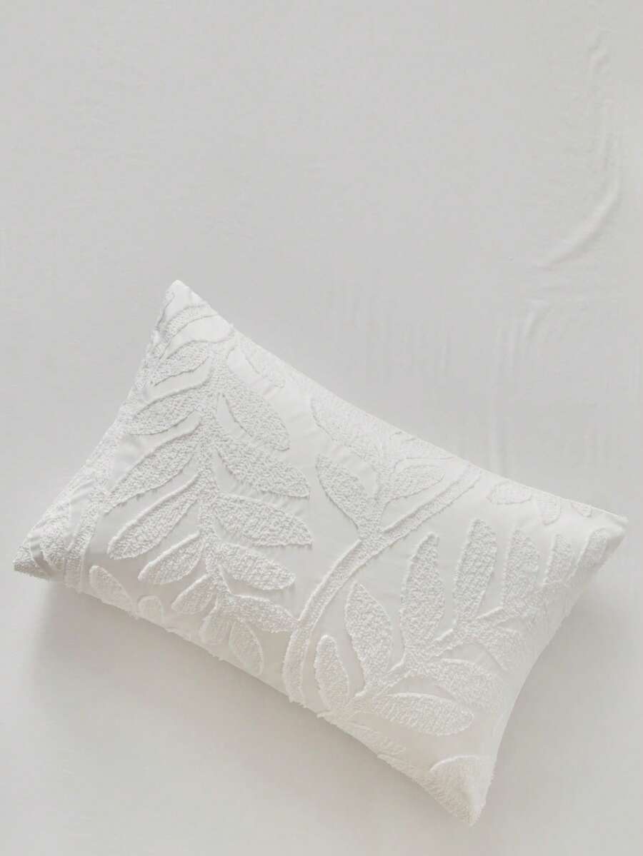 1pc White Leaf Pattern Tufted Decorative Pillow Case, Minimalist Pastoral Style Textured Throw Pillow Cover Suitable For Sofa, All Season, Machine Washable, No Filling Included - White - View 1