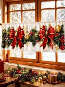 1/2Pcs Christmas Short Curtain,Christmas Window Valance Curtain, Pine Cone & Bow Pattern Window Decor,For Bedroom, Living Room, Kitchen, Winter Wonderland Style, Xmas Party Wall Fence Ornament, Perfect For Festive Holiday Home Daily Use - Multicolor - View 5