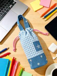 1pc Plaid Spliced Drawstring Water Bottle Bag, Portable Hand‑Held Insulated Cup Sleeve, Anti‑Scald Water Bottle Pouch, Protective Holder For Cup For Outdoor Picnic Travel Daily Use,Christmas Home Decor - Multicolor - View 7