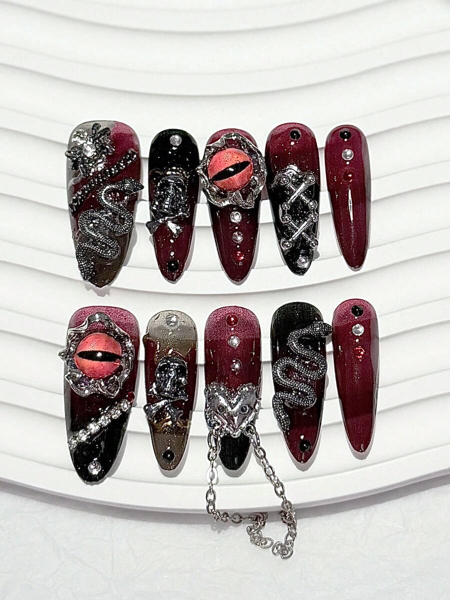 10pcs Halloween Deep Red Long Pointed Press-On Nails, Handmade Luxury ...