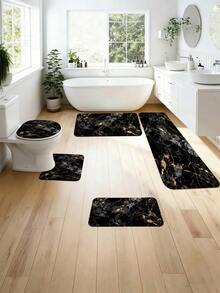 3/5pcs Black & Gold Marble Pattern Modern Luxury Bathroom Rug Set, Soft Absorbent Non-Slip Wear-Resistant Bathroom Accessories, Flannel + Sponge + Polyester Fabric Quick-Dry Carpet, Machine Washable Easy To Clean, Includes Toilet Lid Cover, U-Shaped Toilet Mat And 3 Rectangular Non-Slip Rugs, Lightweight Quick-Dry Bathroom Rug Set, Suitable For Bathroom, Toilet, Laundry Room And Housewarming Gift, Halloween Gift, Autumn Gift - Black - View 11