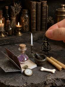 Miniature Alchemy Scene Ornament Set Includes Potion Bottles, Candle Holders, Mortar And Pestle, Scrolls And Magic Books Miniature Models. Dollhouse Witch Scene Decoration Accessories - one-size - View 5