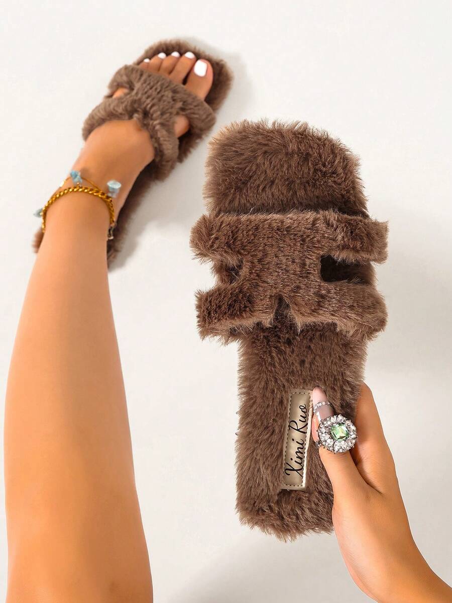 Ximi Ruo Pantuflas de mujer de unicolor con piel sintética suave y plana, uso casual para vacaciones, playa, hogar, interior y exterior, otoño e invierno, cálidas, estilo simple y de moda, con forro suave y esponjoso, zapatos tipo slip-on para mujer, cómodos, ligeros, versátiles, para uso diario, viajes y salidas, estilo suave y delicado, pantuflas de forro polar de doble uso para hogar y exterior - Café integral - Ver 1