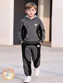 Boys' Autumn/Winter 2 Pieces Set, Colorblock Striped Raglan Hooded Sweatshirt And Cuffed Sweatpants Casual Sports Outfit - Grey - View 3