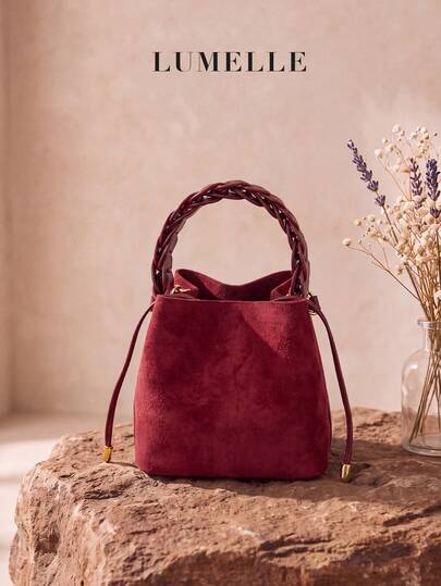 Women's Burgundy Vintage Velvet Bucket Bag, Woven Handheld Drawstring Crossbody Bag, Exquisite Small Shoulder Handbag, Suitable For Daily Commute And Party Occasions