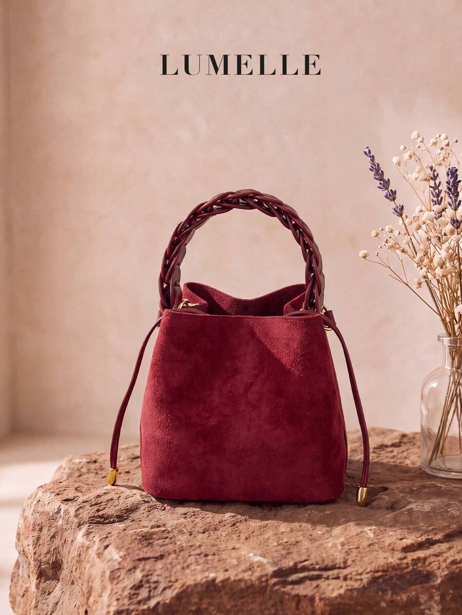 Women's Burgundy Vintage Velvet Bucket Bag, Woven Handheld Drawstring ...
