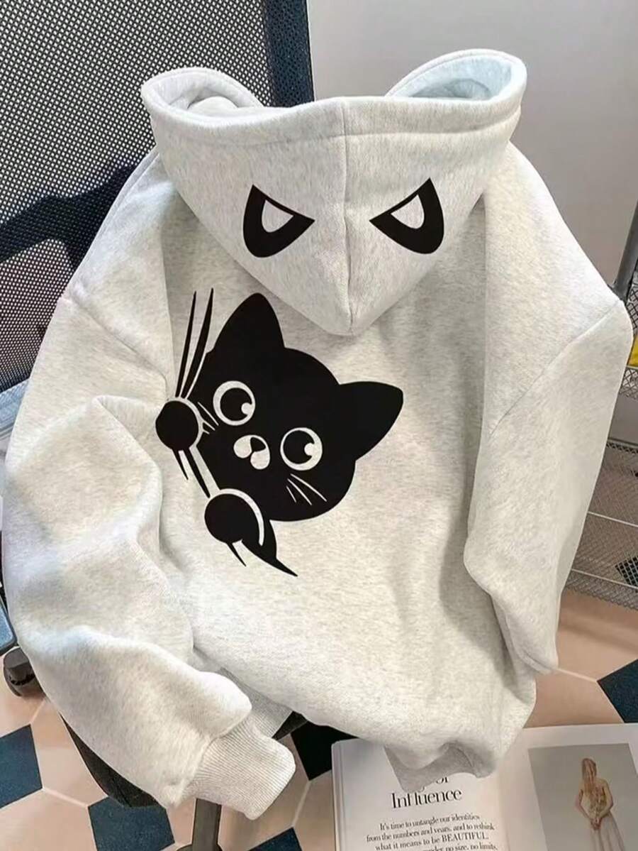 1pc Tween Girls Fun Peeking Black Cat Print Hooded Sweatshirt, Light Oatmeal Grey Loose Casual Pullover Top, Spring Autumn - Grey - View 1
