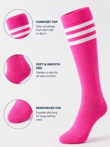2 Pasang Kaos Kaki Betis Wanita Warna Polos Bergaris, Serbaguna, Lembut, dan Nyaman, Cocok untuk Semua Musim, Sempurna untuk Sepak Bola, Bola Basket, Pemandu Sorak, dan Pemakaian Sehari-hari - Berwarna merah muda - View 3