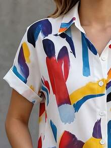Abstract Color Block Art Print Plus Size Women's Button Down Short Sleeve Shirt Blouse Vacation Summer - Multicolor - View 6