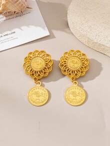 1 Pair Gold-Plated Flower Turkish Coin Women's Cufflinks, Luxury Gold-Plated Bridal Brooch Jewelry, Kurdish Wedding Festival Accessory - Yellow Gold - View 2