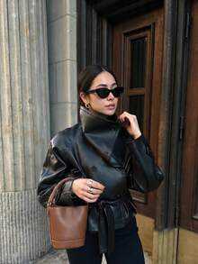 Women's Solid Color PU Leather Long Sleeve Single-Breasted Tie Waist Autumn/Winter Fashion Casual Jacket Fall - Black - View 4