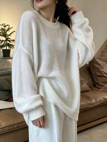 Fall Slouchy Round Neck Long Sleeve Pullover Knit Sweater Loose Fit Casual Solid Color Thin - White - View 4