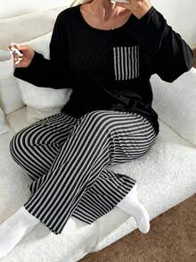 Women's Plus Size Pajama Set, Striped Pocket, Long Sleeve Long Pants Loungewear Set, Autumn/Winter Clothing - Black - View 1