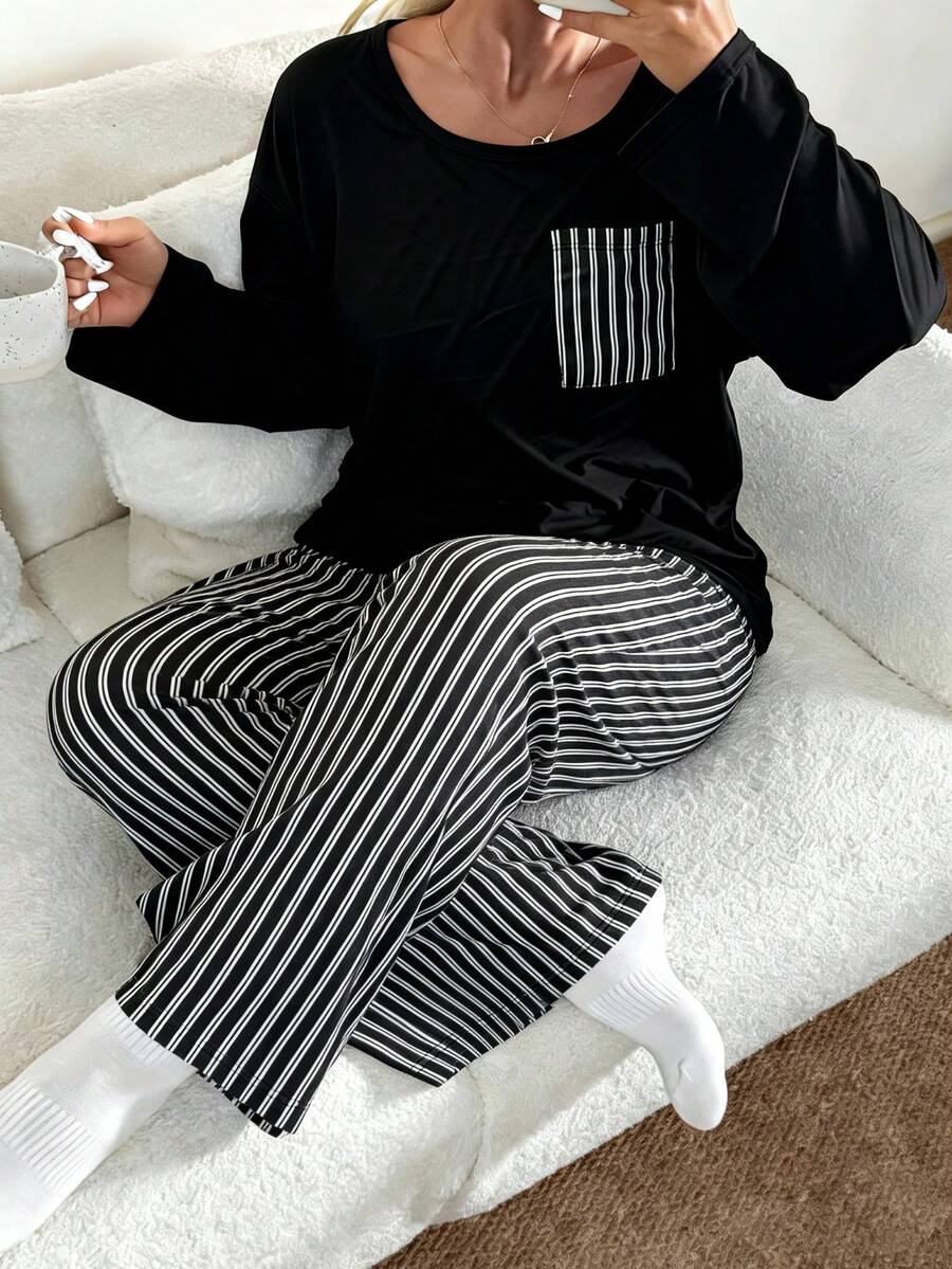 Women's Plus Size Pajama Set, Striped Pocket, Long Sleeve Long Pants Loungewear Set, Autumn/Winter Clothing - Black - View 1