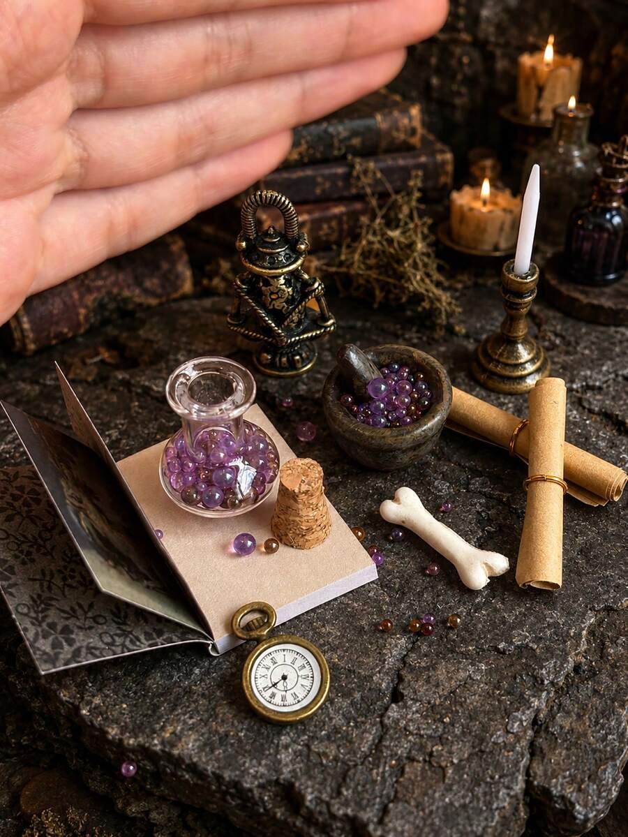 Miniature Alchemy Scene Ornament Set Includes Potion Bottles, Candle Holders, Mortar And Pestle, Scrolls And Magic Books Miniature Models. Dollhouse Witch Scene Decoration Accessories - one-size - View 1