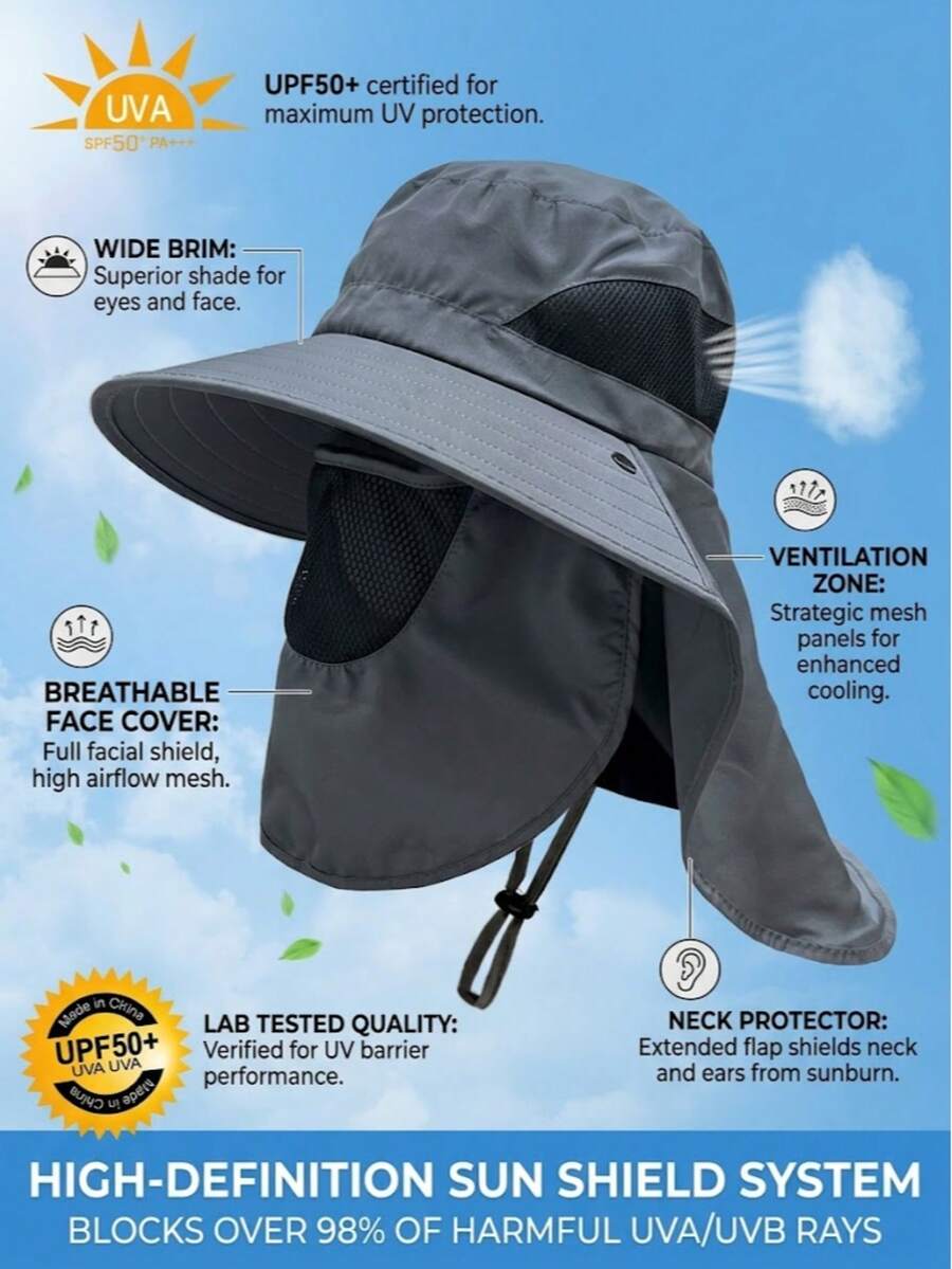 Men's Wide Brim Sun Protection Bucket Hat With Face Mask, Breathable Mesh, Quick-Dry UV Protection, Suitable For Outdoor Fishing, Hiking And Travel - Multicolor - View 1