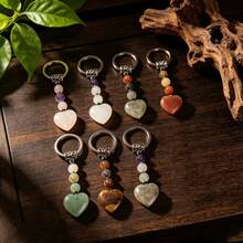 2pcs Handmade Natural Heart-Shaped Jade Stone Keychains, Chinese Vintage Beaded Key Rings, Bohemian Crystal Bag Charms, Lucky Healing Stone Jewelry, Gift For Girls And Women. Each Natural Crystal May Have Slight Color Variation - View 9