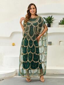 JINLICX Elegant Plus Size Arabian Dress With Contrast Sequin Batwing Sleeves Long Scoop Neck Formal Attire - Dark Green - View 4