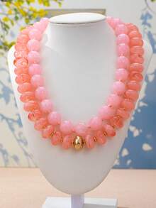 OABE 2pcs/Set Bohemian Style Elegant Pink Round And Oval Bead Layered Necklace Set Suitable For Women - Pink - View 3
