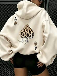 Women's Drawstring Pocket Hooded Sweatshirt, Leopard Print Bird & Letter Graphic On Chest, Soft Fabric, Loose Fit Casual Sweatshirt For Autumn/Winter - Apricot - View 4