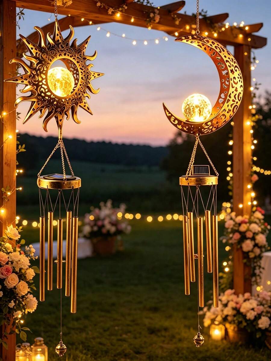 1pc Sun And Moon Shaped Solar Wind Chime Light - Weatherproof Outdoor Decoration, Suitable For Garden, Porch And Patio, LED Lighting Wind Chime, With Automatic Dusk To Dawn Sensor - Multicolor - View 1
