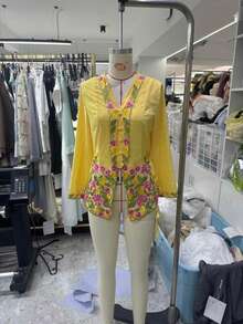 女款 Kebaya Nyonya 優雅氣質時尚刺繡長袖上衣外套 - 黃色 - 查看 2