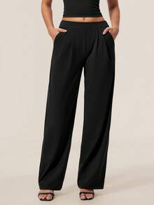 TimeOff Women's 1pc Solid Color Autumn/Winter Pleated Front Side Pocket Straight Leg Wide Leg Pants - Black - View 5