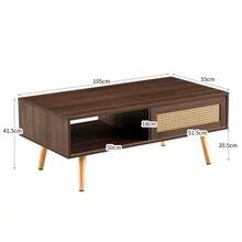 Wicker Coffee Table, Tea Table With Sliding Doors, Solid Wood Legs, Modern Living Room Table, Dark Walnut Wood-H40/W1050/D55 Cm - 棕色 - 查看 4