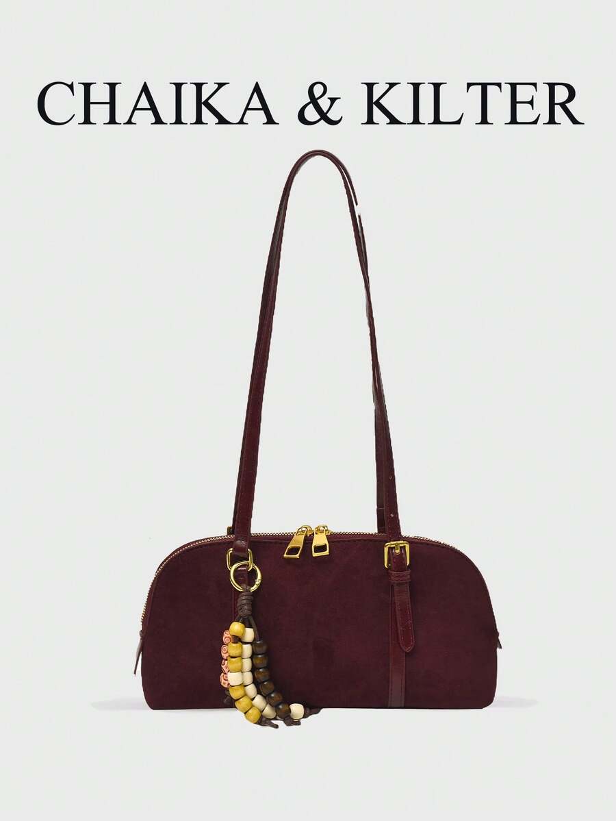 CHAIKA & KILTER 1件裝純色麂皮布料女款單肩包，復古時尚啞光貝殼包，對比色絎縫線條，雙手柄設計，拉鍊開合，適合日常與街頭使用（含吊飾）