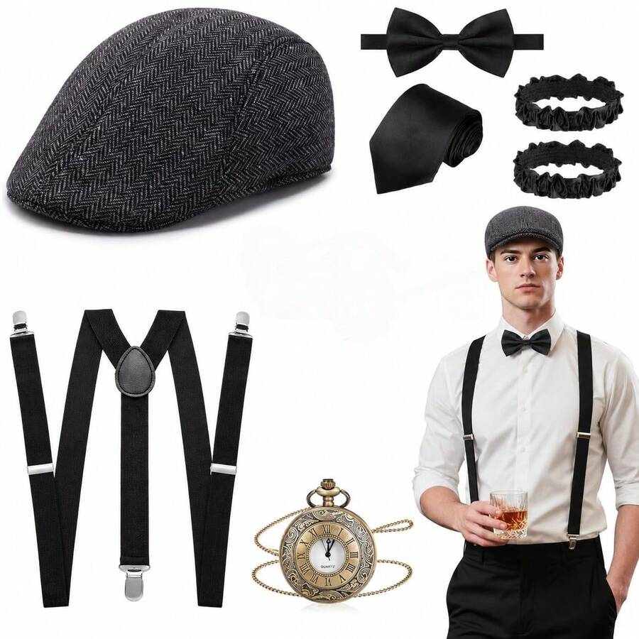 Halloween 1920s 7-Piece Party Costume Set | Men's 7-Piece Gangster Outfit Accessories, Suitable For 20s Theme Party, Halloween Cosplay, Adult Costume Set - Multicolor - View 1