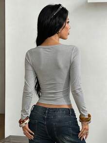 Autumn Women's Slim Fit Long Sleeve T-Shirt With Black Letter Graphic 'GOD OVER ALL THINGS' And Red Oval Accents, Crew Neck Pullover Top - Grey - View 9