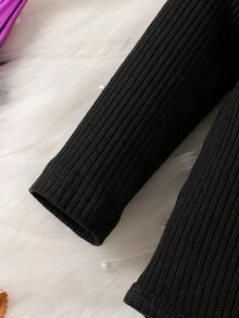 Newborn Baby Girl Autumn/Winter Halloween Black Ribbed Ruffle Long Sleeve Halloween Print Letter Bodysuit And Pumpkin Little Devil All-Over Print Ruffle Design Bow Flare Pants Set With Headband (Suitable For Halloween Night Outfit) - Black - View 7