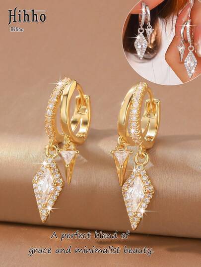 Hihho 2pcs European & American Fashion Geometric Rhombus Double Drop Earrings, Shiny Zirconia Inlaid, Luxury High-End Charm Elegant Women's Jewelry Ear Accessories, Suitable For Daily Wear, Office, Holiday, Party, Gift Decoration