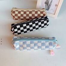 Knitted Pencil Case Korean Style INS Checkerboard Office Highly Attractive Stationery Box Minimalist Pencil Pouch - Multicolor - View 3