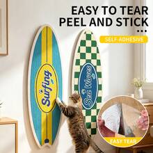 Surfboard Shaped Self-Adhesive Cat Scratching Board, Wall-Mounted Wear-Resistant Non-Shedding Cat Scratching Pad, Furniture Protection Anti-Scratch Wall Protector, Furniture Decor Cat Scratching Toy Pet Supplies - 25*80cm Blue and Yellow American Style Stripes - View 7
