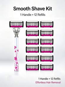 1 Handle + 6/12/18 Replaceable Blades Women's Manual Razor, Floral Pattern Non-Slip Shaving Razor, 6-Blade System, Painless Hair Removal, Suitable For Legs, Underarms, Bikini Area, Travel Supplies, Manual Body Razor, Women's Shaving Razor, Bikini Trimmer - A - View 5
