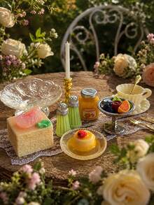 Miniature Peach Cake Model Afternoon Tea Decor, Includes Mini Dessert Fruit Plate, Tableware, Candle Holder And Other Dollhouse Restaurant Scene Decoration Accessories - one-size - View 1
