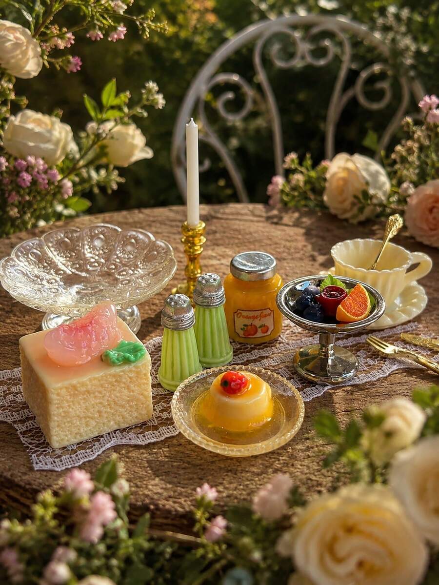 Miniature Peach Cake Model Afternoon Tea Decor, Includes Mini Dessert Fruit Plate, Tableware, Candle Holder And Other Dollhouse Restaurant Scene Decoration Accessories - one-size - View 1