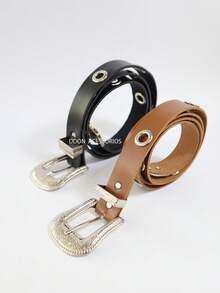2.5CM Women's Belt With Metal Eyelets Boho Summer Gift - 黑色+棕色 - 查看 2