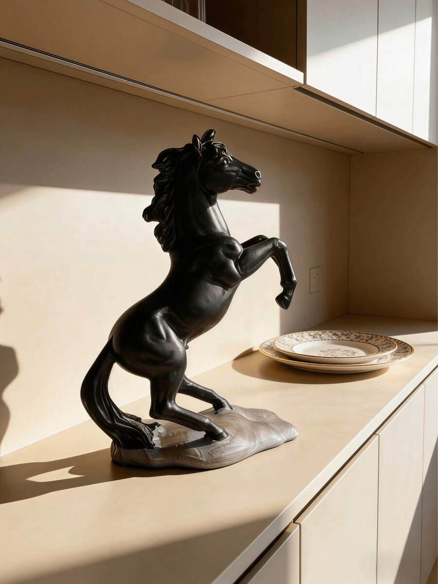 1pc Creative Leaping Horse Statue - Black Resin Stallion Sculpture With Pink Base, Suitable For Living Room, Office Desk And Collectible Decor, Leaping Horse Statue, Black Stallion Small Statue, Pink Marble Base Decoration - 1PC - View 1