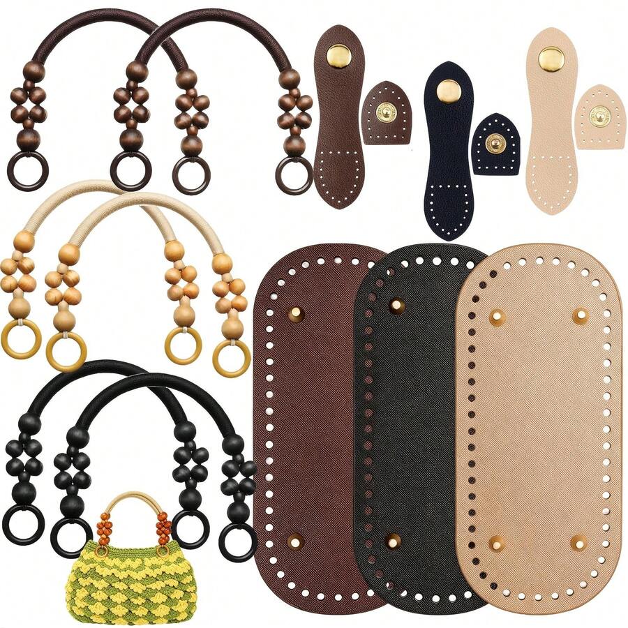 5pcs Set = 2pcs Wooden Beads Hand Straps And 1pc Bag Bottom And 1pc Gourd Buckle And 1pc Snap Button, New Style High Quality Handmade Hemp Rope Wooden Bead Hand Strap - Retro Hong Kong Style Weaving Bag, Handmade Bead Stringing Bag Kit