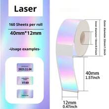 160 lembar Label Termal, 12x40mm (0,47x1,57 inci) Label Laser, Kertas Pita Printer Termal Perekat Portabel 1 Gulungan - MultiWarna - View 5