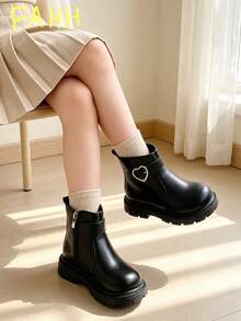 1 Pair Girls' Sweet & Cool Heart Button Ankle Boots, Convenient Side Zipper Versatile Ankle Boots, Suitable For Holiday Outfits, Outdoor Activities, All-Season Wear - Black - View 2