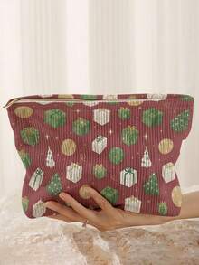 1Pc Double-Sided Christmas Gift Pattern Corduroy Zipper Cosmetic Bag,Toilet Bag,Lined Large Capacity Organizer For Travel,School & Student Daily Use - Multicolor - View 12