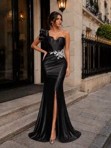 VIPGIRL Elegant Black One-Shoulder Satin Formal Evening Gown, Featuring 3D Floral Decor On Shoulder And Beaded Waist, Wedding Guest Dress Spring Fall Party - Black - View 1